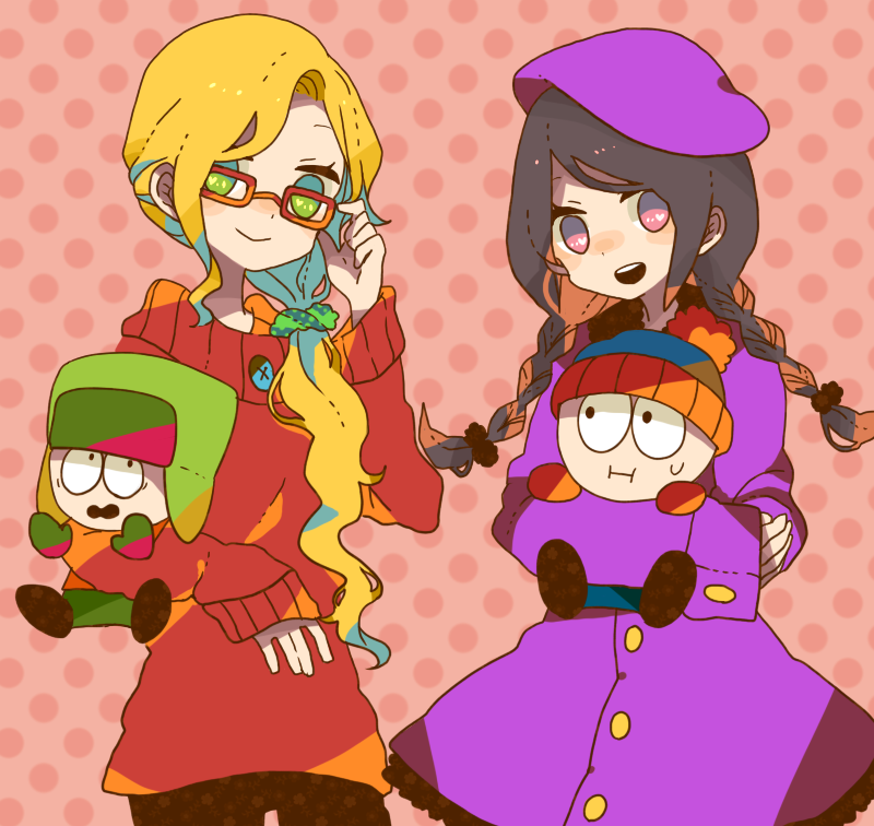 bebe_stevens, black_hair, blonde_hair, braid, carrying, coat, glasses, gloves