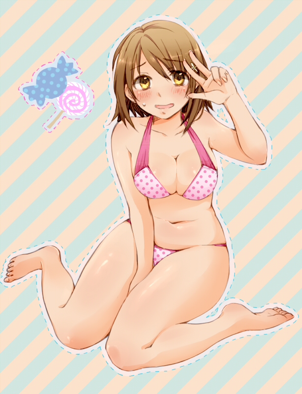 bare_legs, barefoot, barelegs, bikini, blush, breasts, brown_hair, flower
