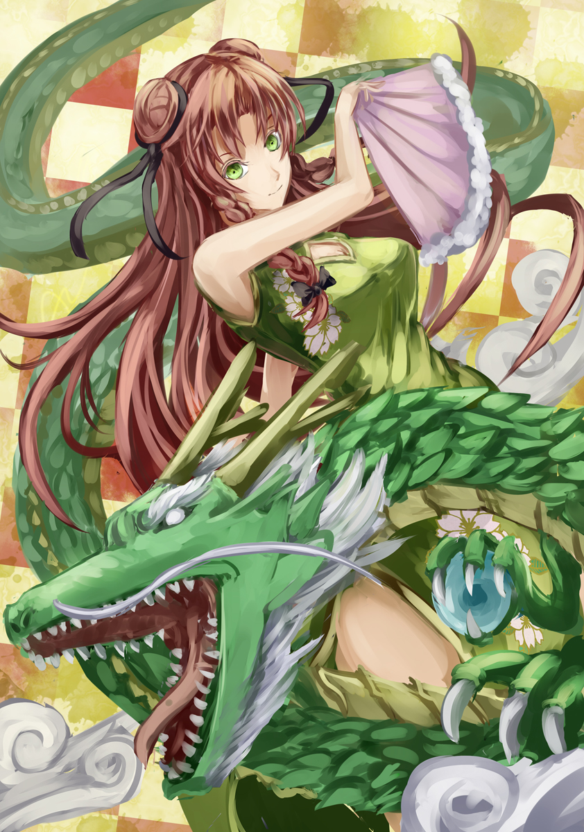 alternate_costume, alternate_hairstyle, bow, braid, china_dress, chinese_clothes, double_bun, dragon