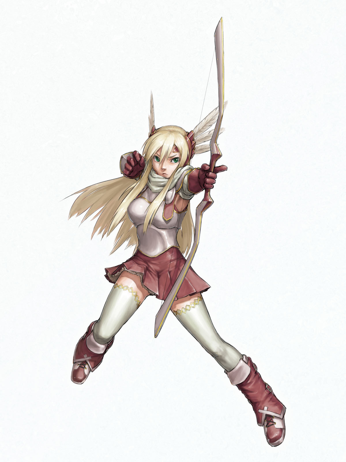 armor, armpits, arrow, blonde_hair, boots, bow_(weapon), frown, gloves