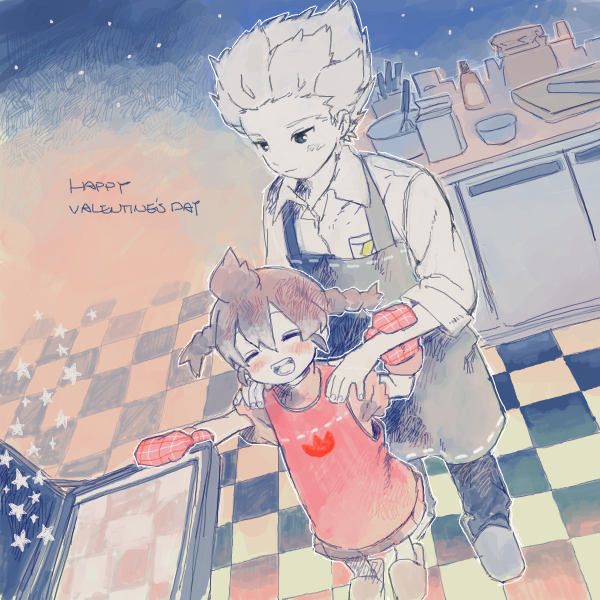 1girl, apron, baking, braid, brother_and_sister, drawr, gouenji_shuuya, gouenji_yuuka