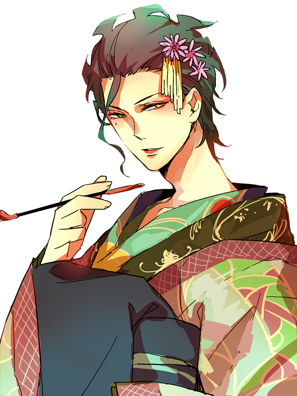 ahoge, black_hair, fate/zero, fate_(series), flower, hair_flower, hair_ornament, japanese_clothes