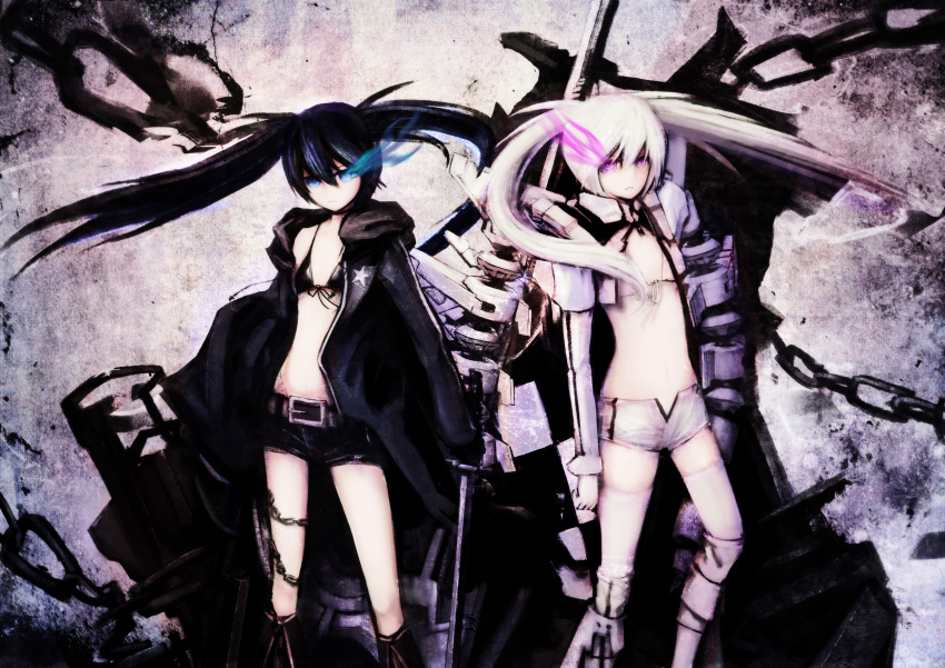 bikini_top, black_hair, black_rock_shooter, black_rock_shooter_(character), black_rock_shooter_(game), black_vs_white, blue_eyes, boots