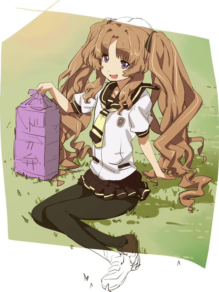 :d, ano_natsu_de_matteru, arumi_(arumi-ke), brown_eyes, brown_hair, curly_hair, grass, hair_ribbon
