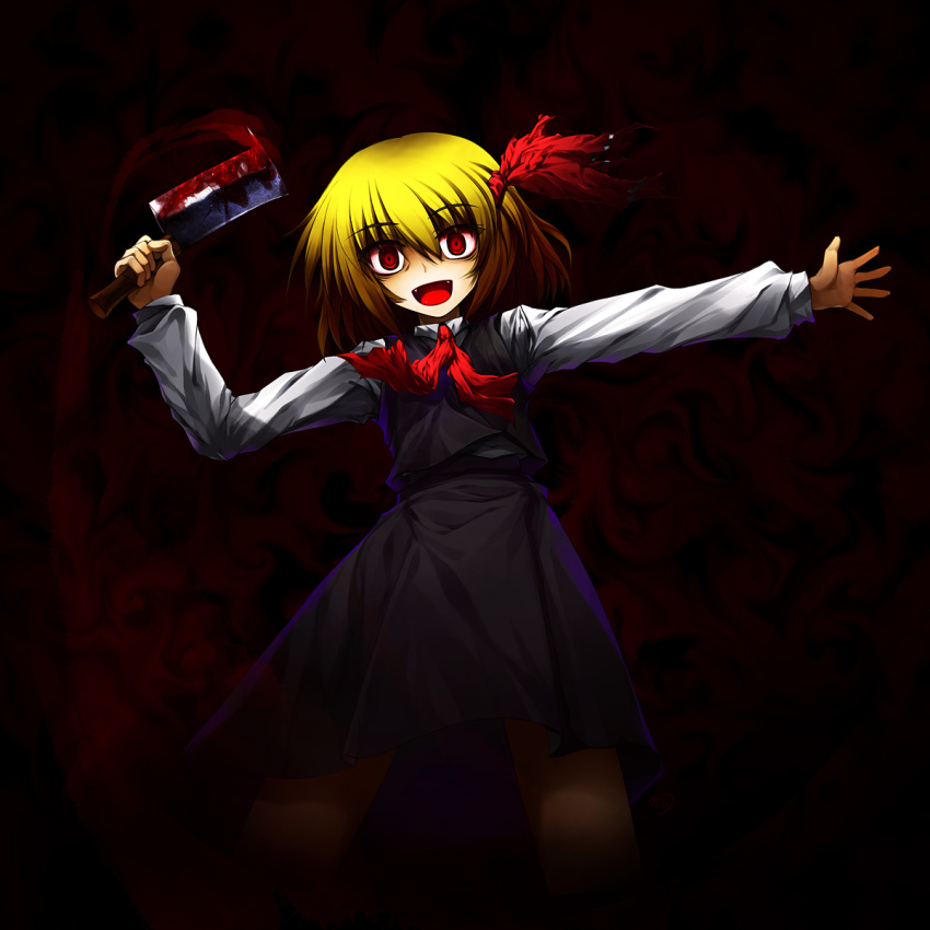 billhook, blonde_hair, blood, cff, crazy, hair_ribbon, highres, outstretched_arms