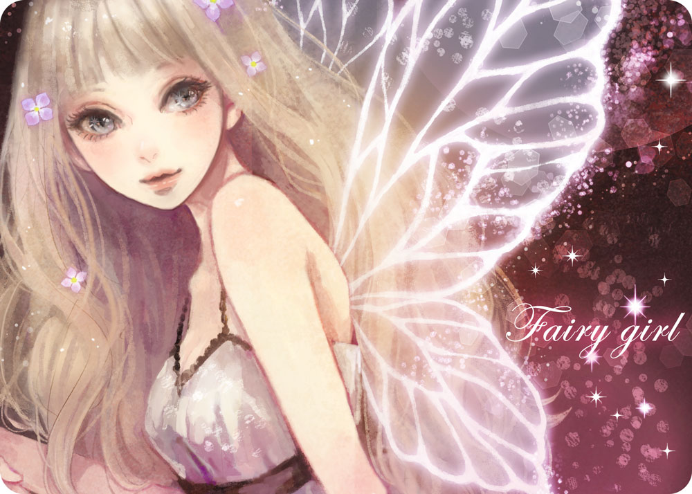 blonde_hair, blue_eyes, bust, copyright_request, dress, fairy, fairy_wings, flower