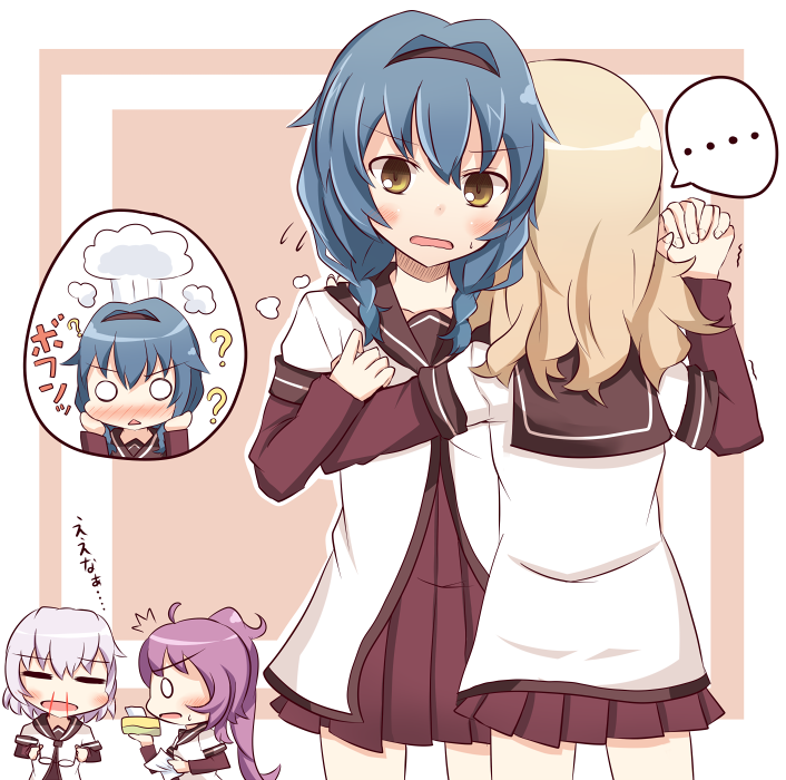 /\/\/\, 4girls, ?, blonde_hair, blood, blue_hair, braid, chibi