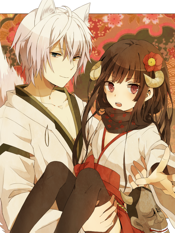 black_hair, black_legwear, blue_eyes, carrying, flower, fox_ears, fox_tail, hair_flower