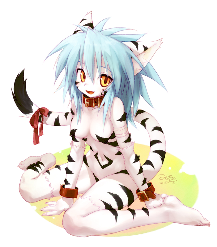 amber_eyes, animal_ears, anthro, bandage, bandages, barefoot, blue_hair, breasts, cat_ears, collar, cotora, fang, feet, feline, female, fur, furry, fuurin_rei, hair, long_hair, looking_at_viewer, markings, mizuki_kotora, navel, nude, open_mouth, original, paws, ribbon, ribbons, simple_background, sitting, solo, striped, toes, wariza, wrist_cuffs, yellow_eyes