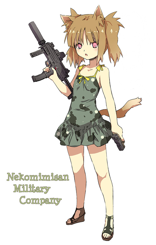 animal_ears, bare_shoulders, bow, brown_hair, cat_ears, cat_tail, dress, glock