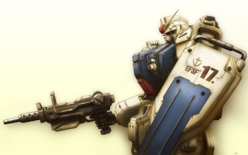 gun, gundam, gundam_08th_ms_team, highres, machine_gun, mecha, shield, signature