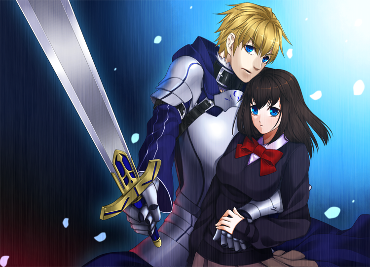 1boy, 1girl, armor, black_hair, blonde_hair, blue_eyes, excalibur, fate/prototype