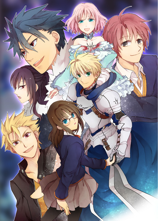 4boys, archer_(fate/prototype), armor, bare_shoulders, blonde_hair, blue_eyes, blue_hair, breastplate