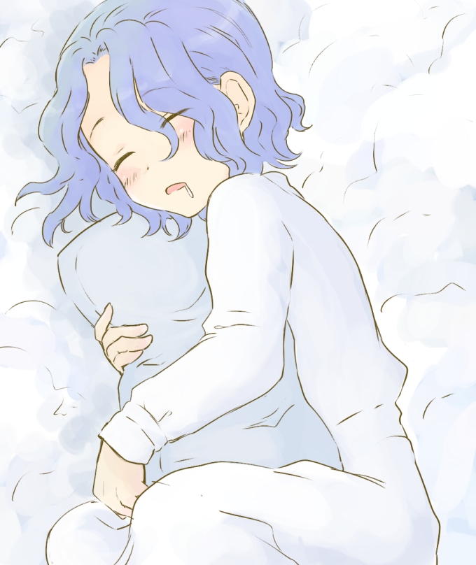 bad_id, blue_hair, blush, closed_eyes, eyes_closed, hug, kumoi_ichirin, lying