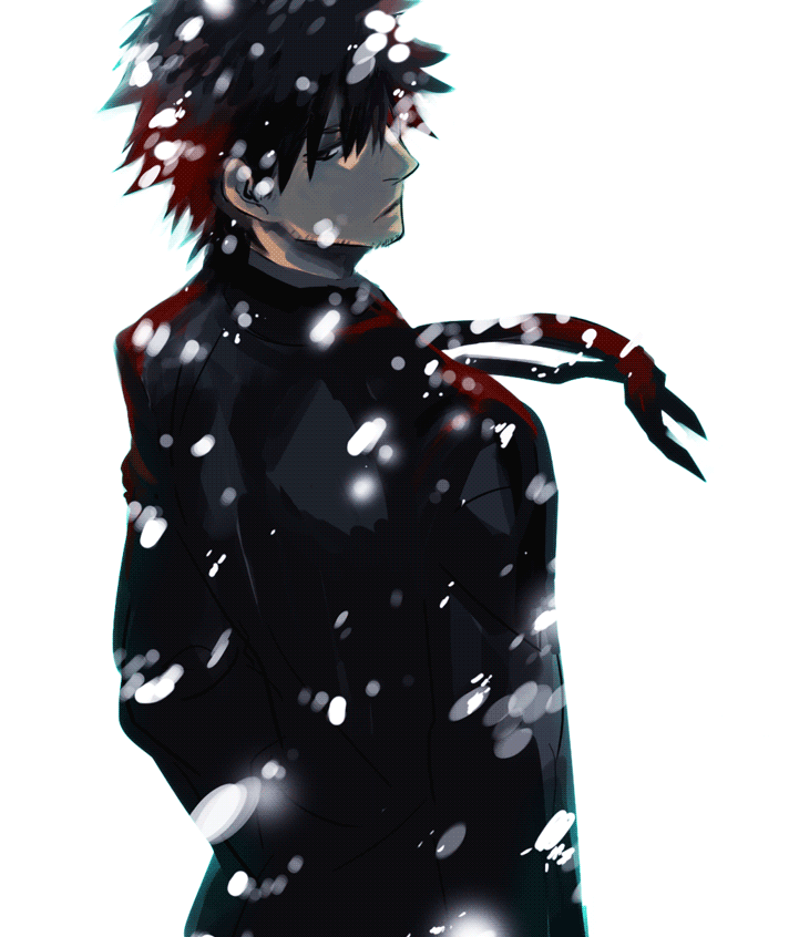black_eyes, black_hair, emiya_kiritsugu, facial_hair, fate/zero, fate_(series), hali, male, necktie, snowing, solo, stubble