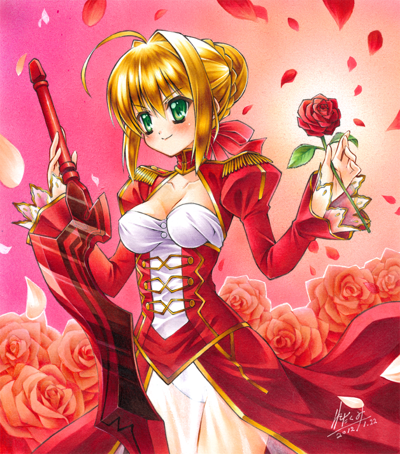 aestus_estus, ahoge, blonde_hair, breasts, cleavage, dress, epaulettes, fate/extra