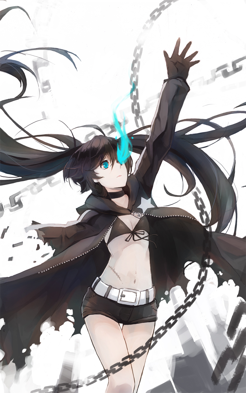 arm_up, bare_legs, belt, bikini_top, black_gloves, black_hair, black_rock_shooter, black_rock_shooter_(character)