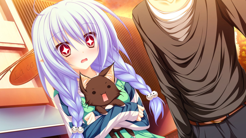 animal, blue_hair, elf, game_cg, jpeg_artifacts, lunaris_filia, melis, red_eyes