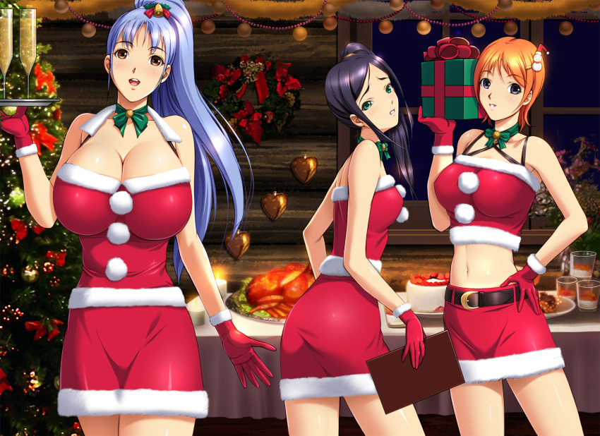 2girls, blue_hair, choker, christmas, cleavage, food, harii, original, santa_costume, skirt