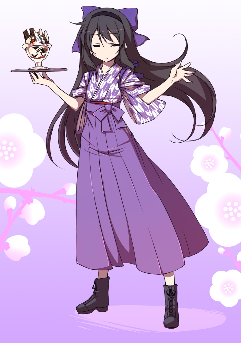 akemi_homura, artist_request, bashamichi, bow, character_request, closed_eyes, hair_bow, hakama