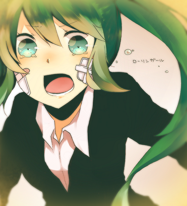 bandaid, green_eyes, green_hair, hatsune_miku, kogarashi_midori, open_mouth, rolling_girl_(vocaloid), solo
