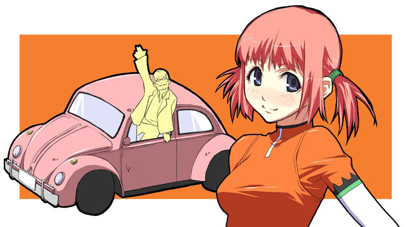 1girl, beard, blue_eyes, blush, bodysuit, car, facial_hair, glasses, hair_tie, iqu, jacket, kurokawa_ken'ichi, kurokawa_kenichi, mezzo_danger_service_agency, mezzo_forte, motor_vehicle, pink_hair, short_hair, smile, suzuki_mikura, twintails, vehicle, volkswagen, volkswagen_beetle, waving