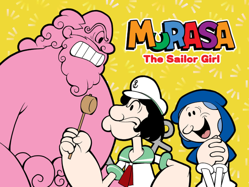 2girls, :d, anchor, angry, black_hair, blue_hair, bluto, chamupei, character_name, clenched_teeth, hands_clasped, hands_together, hat, hishaku, holding, hood, kumoi_ichirin, multiple_girls, murasa_minamitsu, olive_oyl_(popeye), open_mouth, parody, popeye, popeye_the_sailor, sailor, sailor_hat, short_hair, smile, style_parody, teeth, touhou, unzan