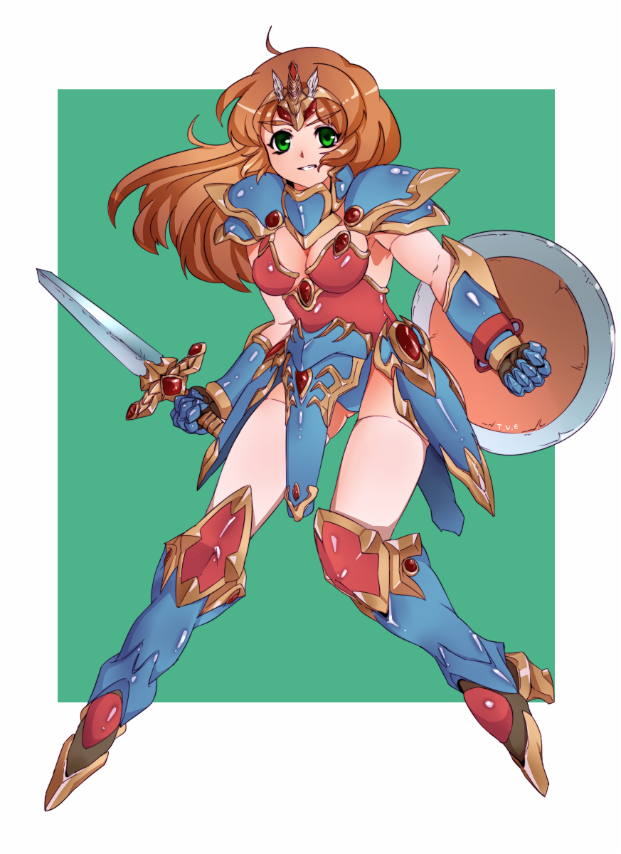 armor, brown_hair, clenched_teeth, gloves, greaves, green_background, green_eyes, headgear