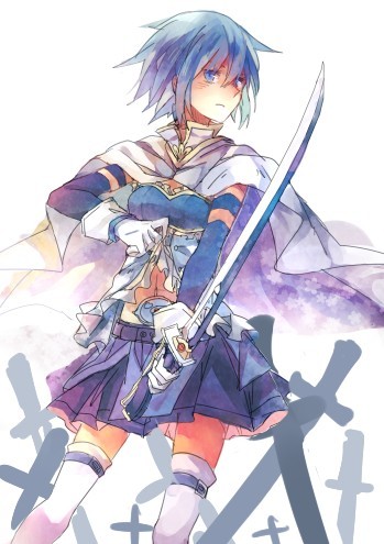 blue, blue_dress, blue_eyes, blue_hair, dew_(970623), dress, elbow_gloves, gloves, lowres, mahou_shoujo_madoka_magica, midriff, miki_sayaka, short_hair, simple_background, skirt, solo, sword, thigh-highs, thighhighs, weapon, white_background, white_legwear