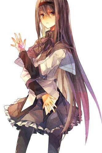 akemi_homura, argyle, argyle_legwear, black_dress, black_hair, black_legwear, brown_eyes, dew_(970623)