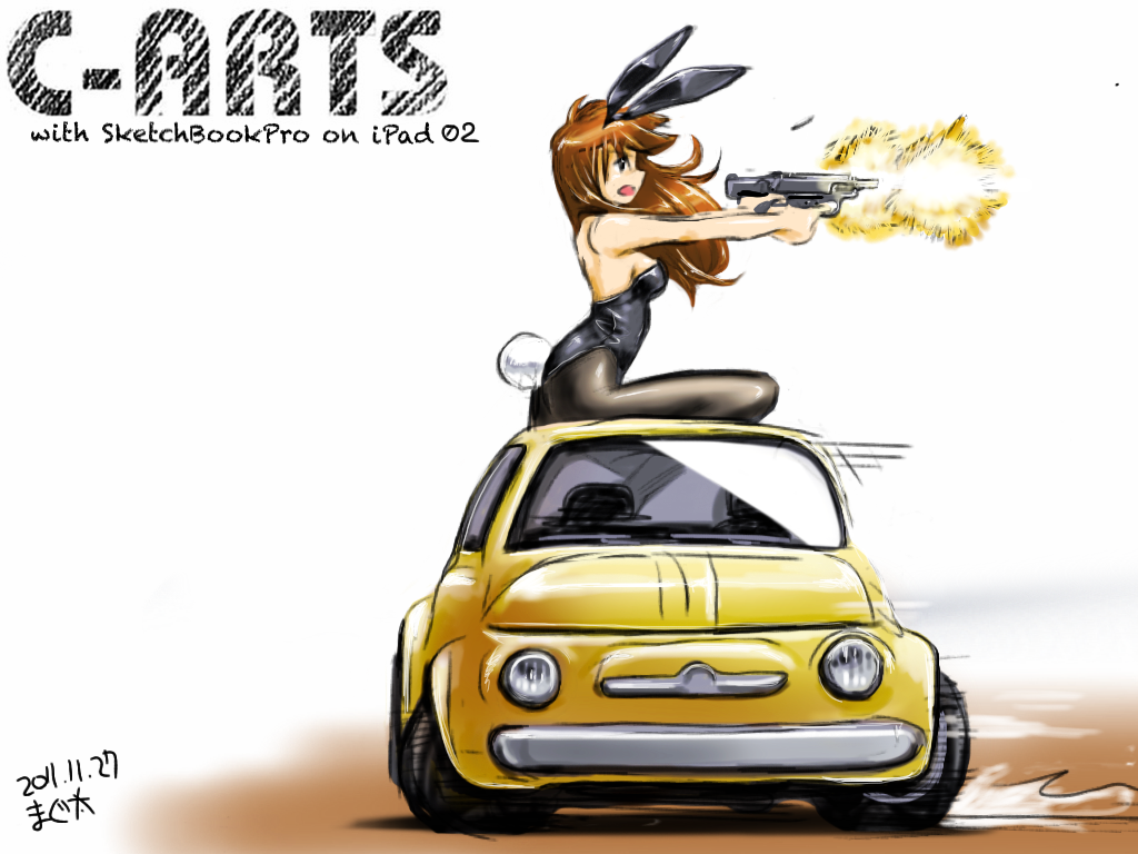 animal_ears, bare_back, breasts, brown_hair, bunny_ears, bunny_tail, bunnysuit, car, drifting, dual_wielding, fiat_500, gun, long_hair, machine_gun, maguta, motor_vehicle, original, pantyhose, pistol, riding, tail, vehicle, weapon, wielding