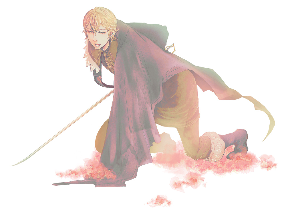 berserk, blonde_hair, boots, cloak, cocarda, flower, male, rapier