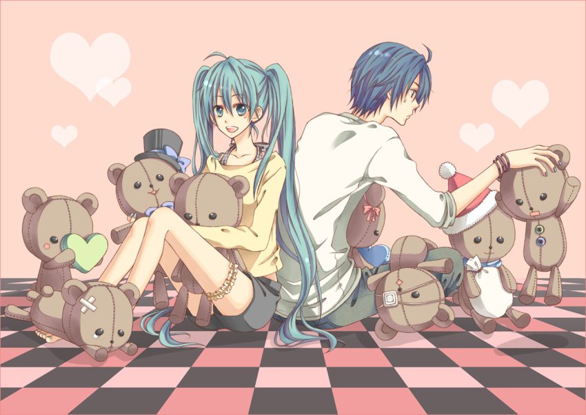 aqua_eyes, aqua_hair, back-to-back, bad_id, bandaid, casual, coppe, eyepatch, hat, hatsune_miku, kaito, long_hair, pink, sitting, smile, stuffed_animal, stuffed_toy, teddy_bear, top_hat, twintails, very_long_hair, vocaloid