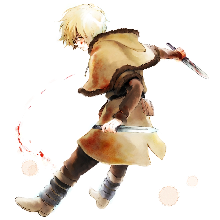 blonde_hair, blood, dagger, male, natsuo_(hatohaco), reverse_grip, short_hair, solo
