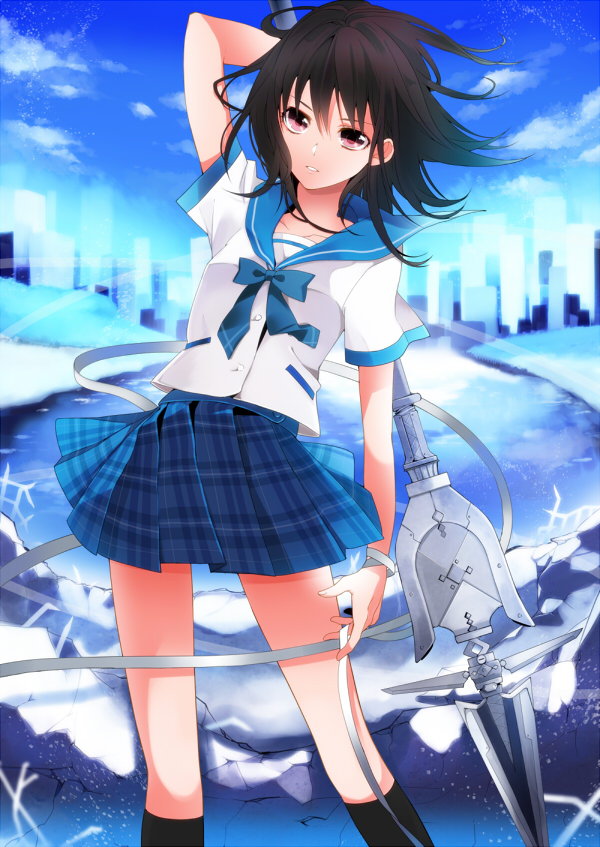 bow, himeragi_yukina, manya_(mohu_is-mine), manyako_(mohumohu), plaid, polearm, school_uniform, solo