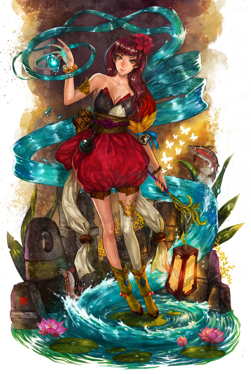 flower, hair_flower, hair_ornament, highres, lantern, looking_at_viewer, original, single_thighhigh