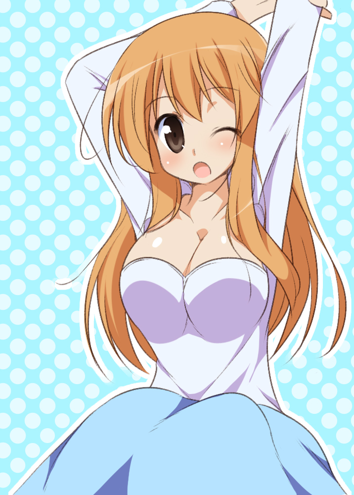 :o, breasts, cleavage, hanamaru_youchien, hoppege, wink, yamamoto_nanako, yawning