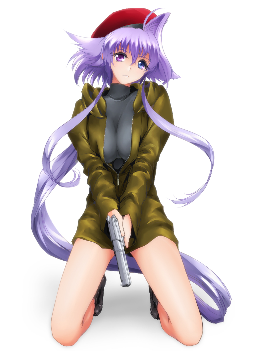beret, blue_eyes, gun, handgun, hat, heterochromia, kneeling, lavolpe_(yagisaka_seto)