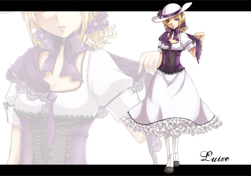 arm_behind_back, bad_id, blonde_hair, blue_eyes, corset, demon, dress, embellished_costume