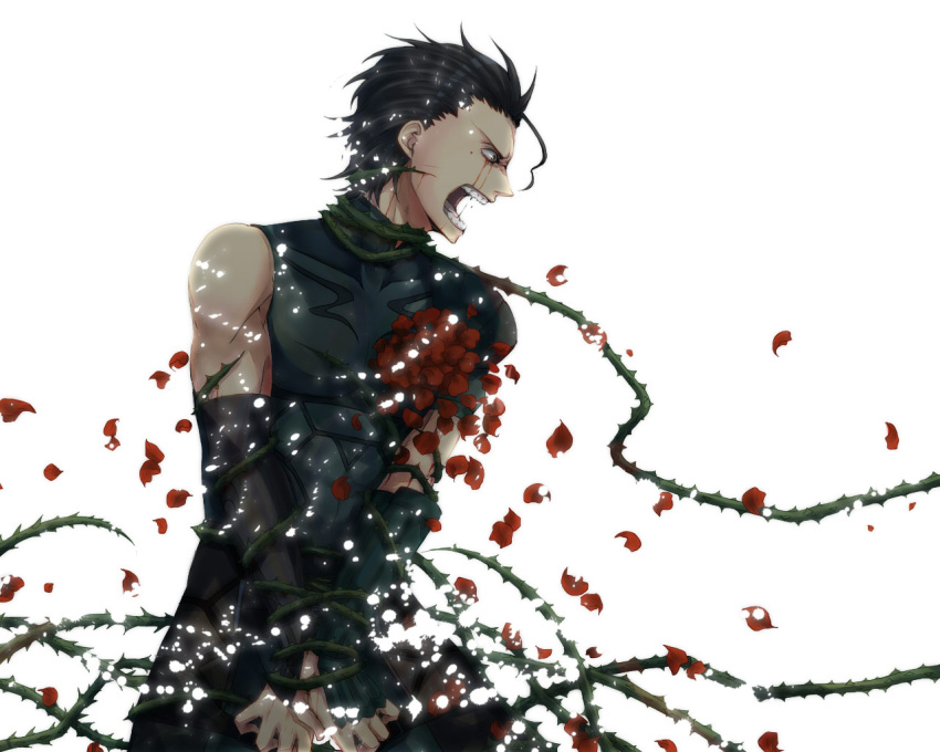 ahoge, black_hair, blood, blood_on_face, bondage, fate/zero, fate_(series), flower