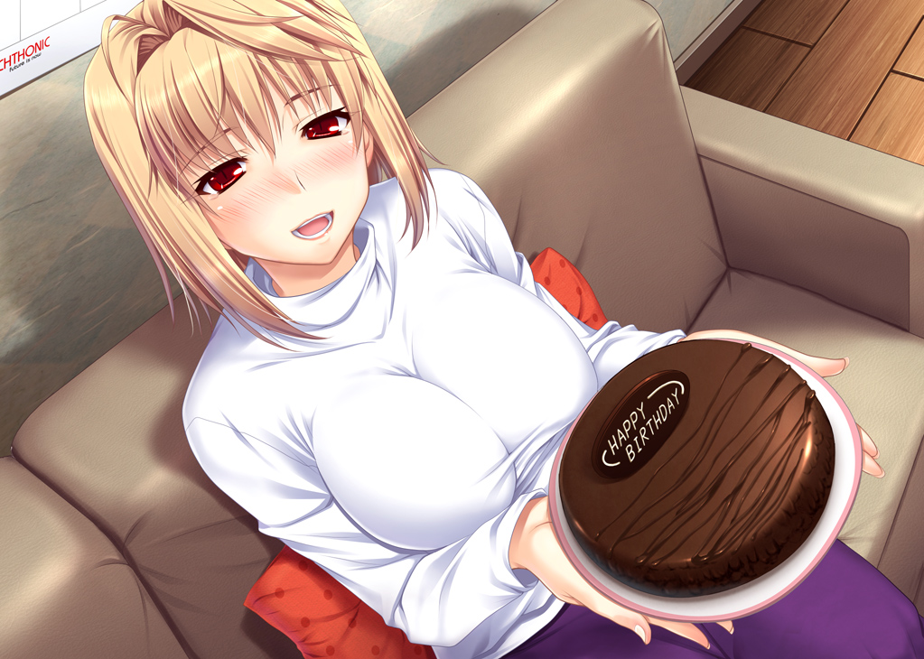 arcueid_brunestud, blonde_hair, blush, breasts, cake, chocolate_cake, food, happy_birthday