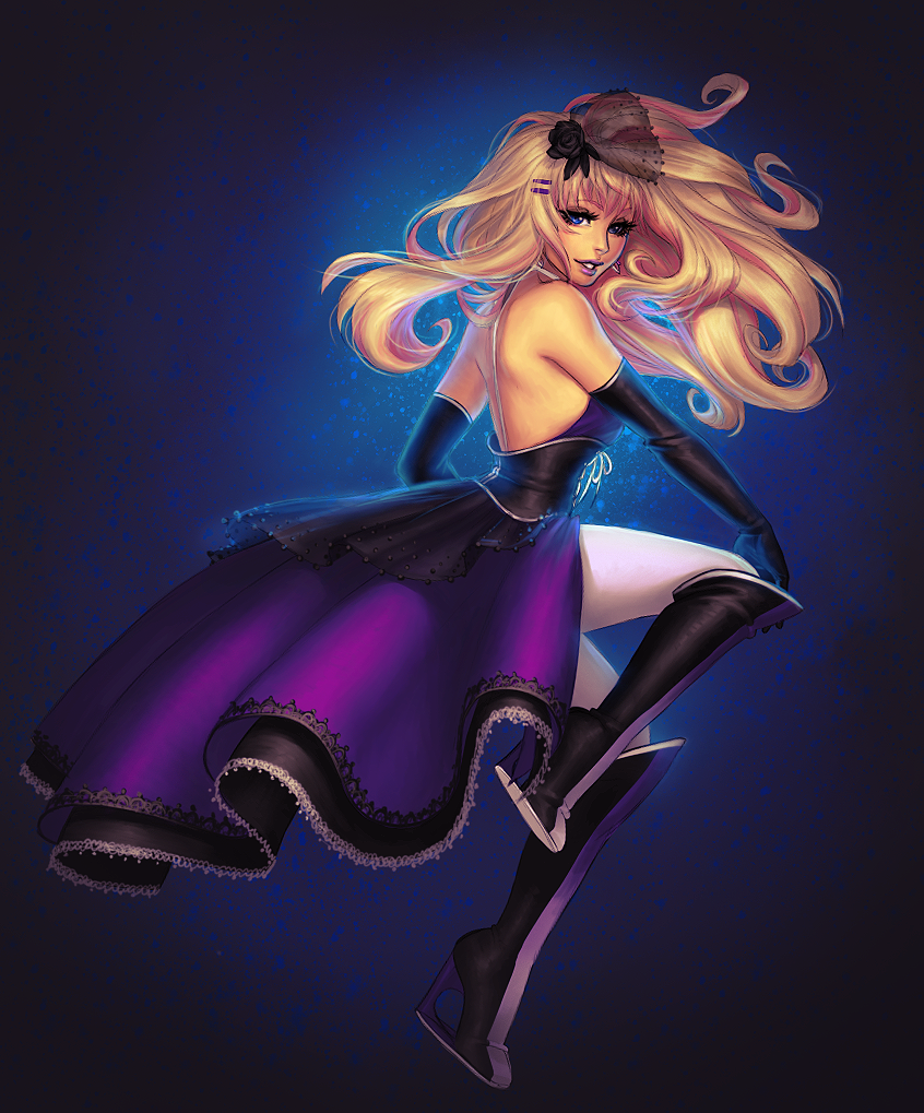 1girl, blonde_hair, blue_eyes, boots, corset, dress, elbow_gloves, female, flower, gloves, hair_flower, hair_ornament, hairclip, high_heels, lips, lipstick, macross, macross_frontier, makeup, pirate_cashoo, sheryl_nome, shoes, side, smile, solo, strapless_dress