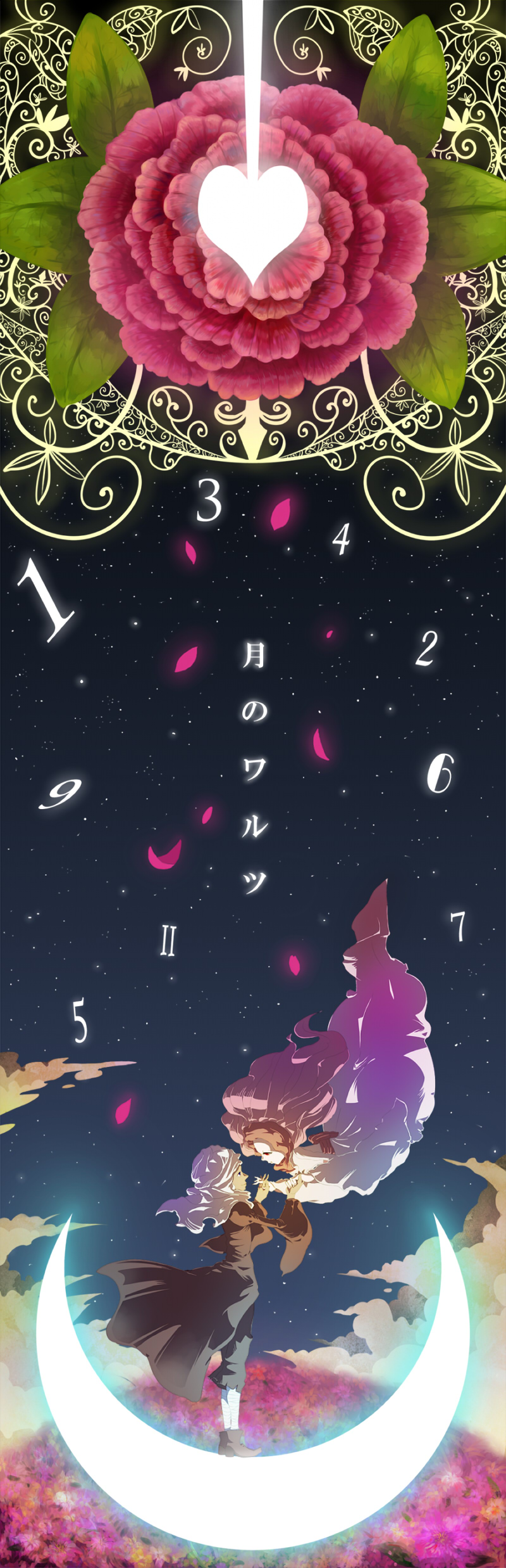 1girl, absurdres, arabian_clothes, crescent_moon, flower, flying, hand_holding, highres, holding_hands, interlocked_fingers, kigo8, long_hair, long_image, minna_no_uta_(nhk), moon, night, night_sky, number, numbers, petals, sky, star_(sky), tall_image, title_drop, tsuki_no_waltz, turban