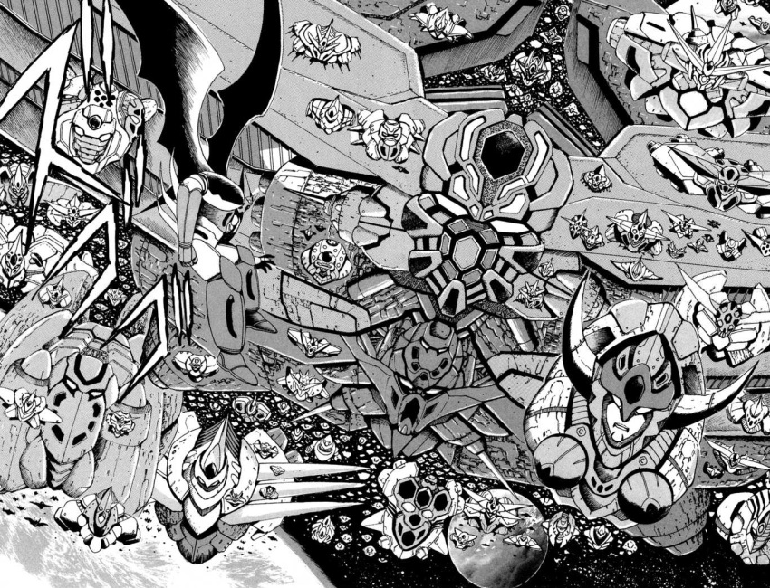 getter_emperor, getter_robo, manga, mecha, monochrome, planet, shin_getter-1, shin_getter_robo, ships, space, star