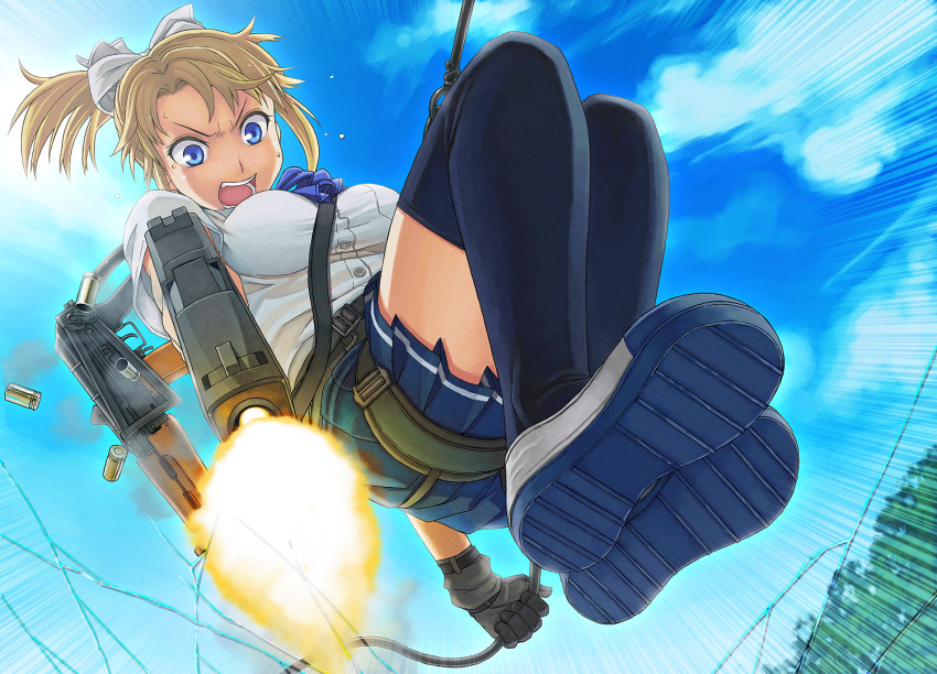 aks-74u, assault_rifle, black_gloves, black_legwear, blonde_girl_(itou), blonde_hair, blue_eyes, blue_sky