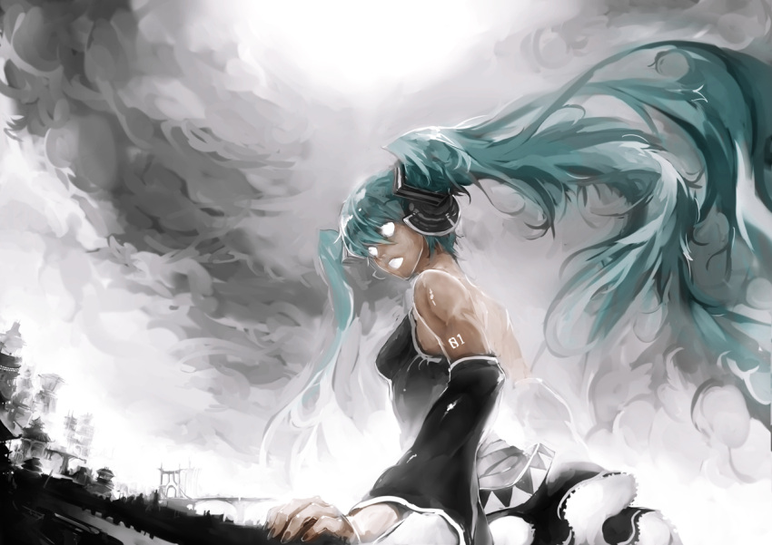 aqua_hair, bad_id, blank_eyes, city, clouds, detached_sleeves, glowing, glowing_eyes
