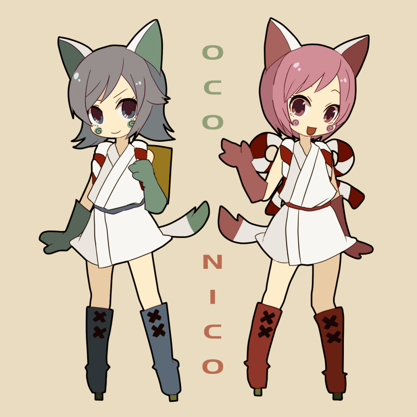 animal_ears, arm_up, bangs, blush_stickers, boots, cross-laced_footwear, eyelashes, fox_ears