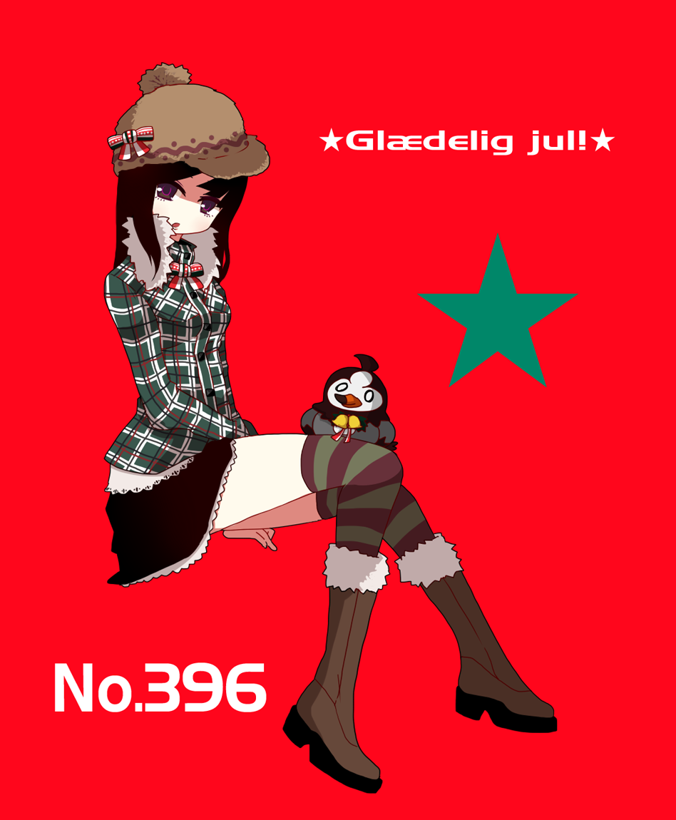 bangs, beak, bell, black_hair, boots, bow, coat, danish