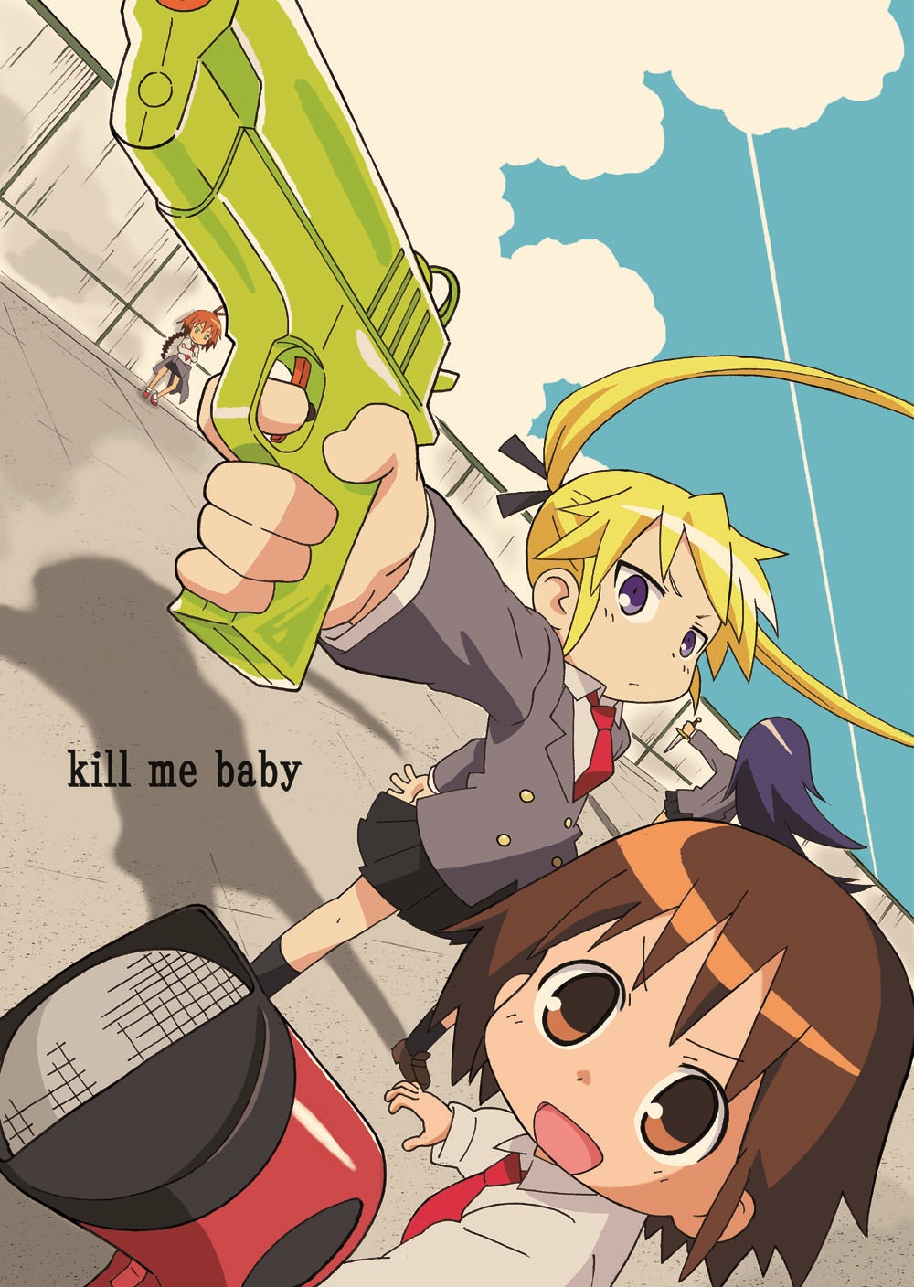 against_wall, black_hair, blazer, blonde_hair, blue_eyes, botsu_kyara, braid, brown_eyes, brown_hair, cloud, crossed_arms, dutch_angle, finger_on_trigger, foreshortening, goshiki_agiri, gun, hair_dryer, hair_ribbon, handgun, highres, kill_me_baby, kumakomagoma, long_hair, miniskirt, multiple_girls, necktie, official_style, open_mouth, oribe_yasuna, outstretched_arm, red_hair, redhead, ribbon, school_uniform, shadow, skirt, sonya_(kill_me_baby), title_drop, twintails, unused_character, water_gun, weapon