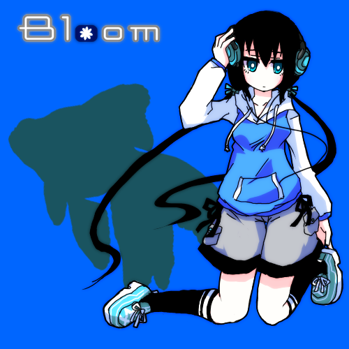 arm_up, black_hair, black_legwear, blue_eyes, collarbone, expressionless, hand_on_head, headphones